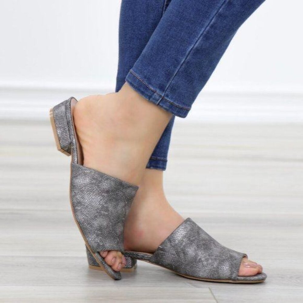 Gray Open Toe Sandals Block Heel Slip-On Metallic Faux Leather